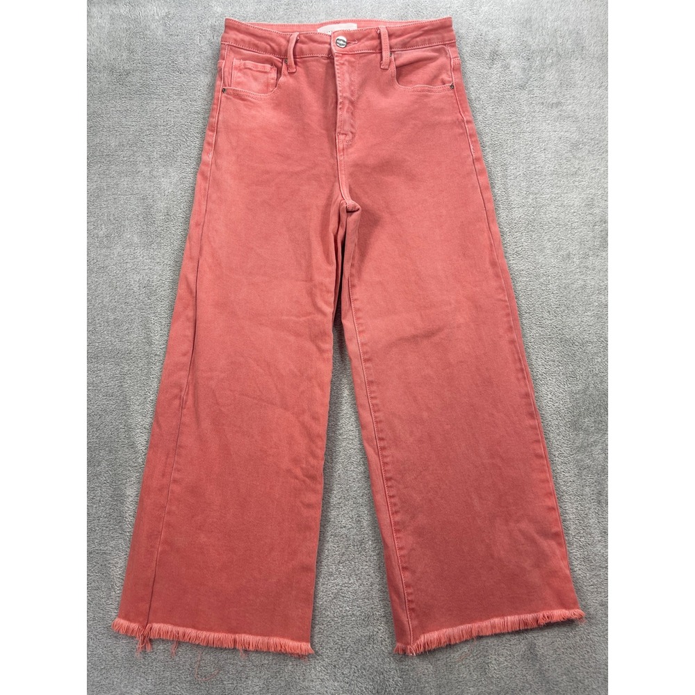 Risen Jeans Women 5/27 Coral Red Wide Leg Raw Hem High Rise Stretch